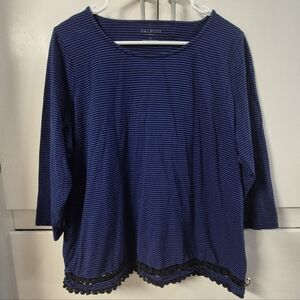 Talbots Women's Top Size 1X Blue Black Stripe Lace Trim 100% Cotton